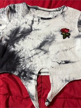 Tie-Dye Crop Top with Embroidered Red Rose